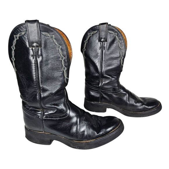 Tony Lama‎ Mens Vintage Black Leather Western Cowboy Boots Embroidered Size 8C - Picture 1 of 15